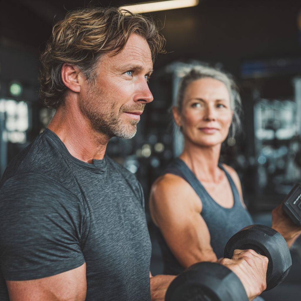 Personal trainer guiding middle-aged adults through strength exercises